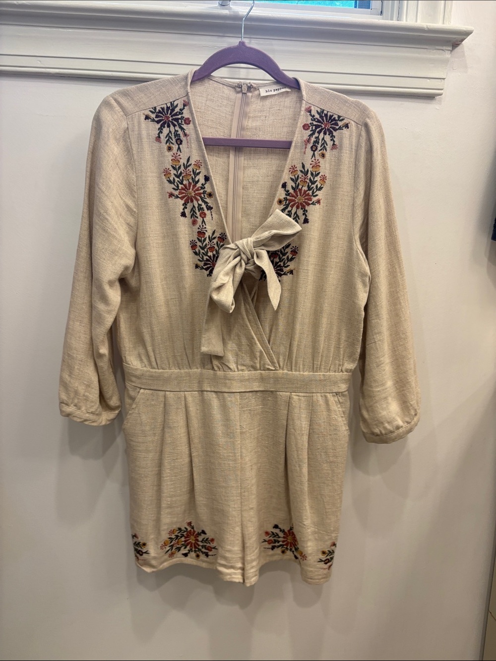 Anthropologie Cream Embroidered  Tie-Front Long Sleeve romper